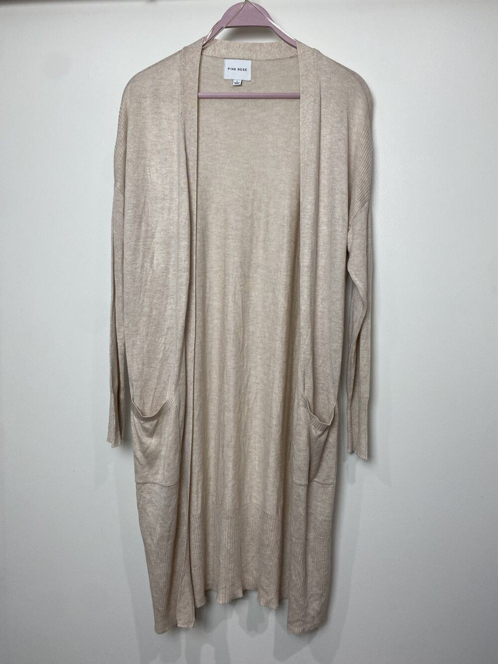Pink Rose Women's Sz Large Duster Cardigan Pockets Open Front Knit Sweater GUC